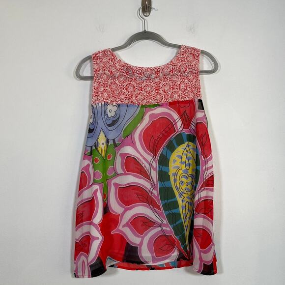 Desigual Womens Multicolor Abstract Eyelet Trim Tank Top Sz XL Artsy Art to Wear - Picture 2 of 6